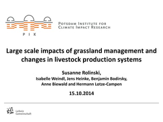 Large scale impacts of grassland management and changes in livestock production systems 
Susanne Rolinski, Isabelle Weindl, Jens Heinke, Benjamin Bodirsky, Anne Biewald and Hermann Lotze-Campen 
15.10.2014  