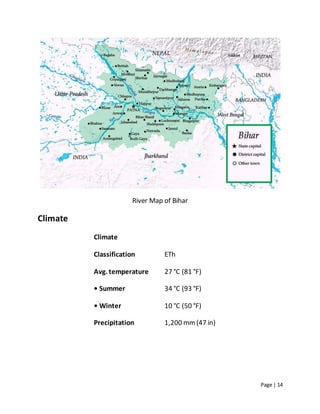Page | 14
River Map of Bihar
Climate
Climate
Classification ETh
Avg. temperature 27 °C (81 °F)
• Summer 34 °C (93 °F)
• Winter 10 °C (50 °F)
Precipitation 1,200 mm(47 in)
 