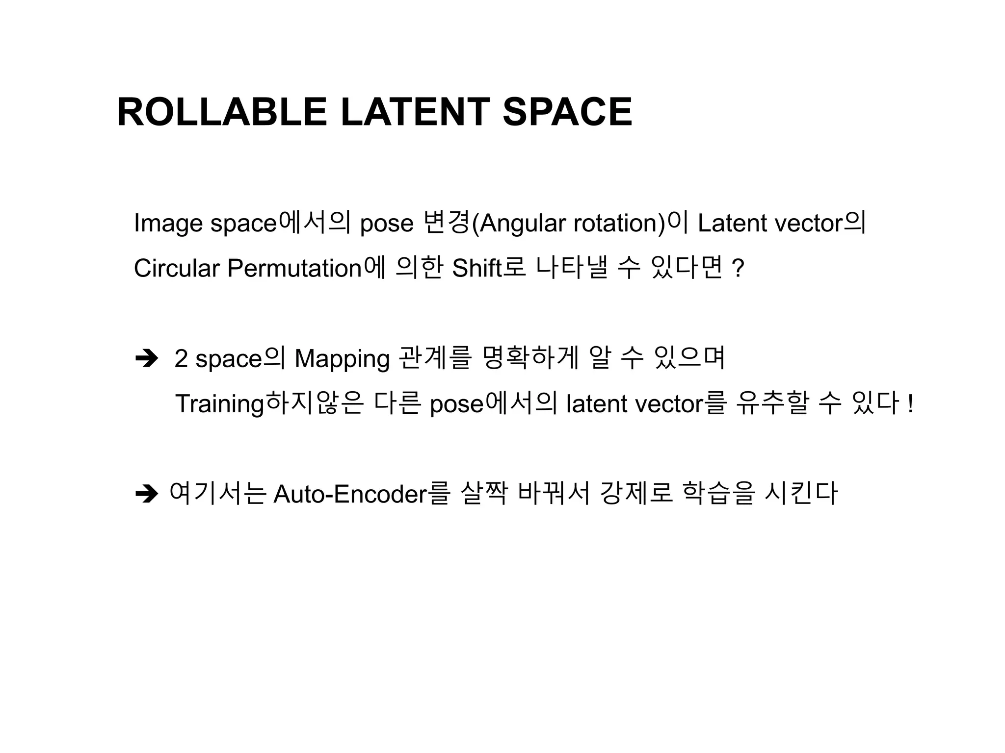 ROLLABLE LATENT SPACE
Image space에서의 pose 변경(Angular rotation)이 Latent vector의
Circular Permutation에 의한 Shift로 나타낼 수 있다면 ?
 2 space의 Mapping 관계를 명확하게 알 수 있으며
Training하지않은 다른 pose에서의 latent vector를 유추할 수 있다 !
 여기서는 Auto-Encoder를 살짝 바꿔서 강제로 학습을 시킨다
 