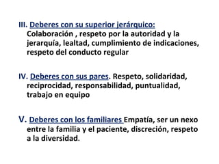 III. Deberes con su superior jerárquico:
    Colaboración , respeto por la autoridad y la
    jerarquía, lealtad, cumplimiento de indicaciones,
    respeto del conducto regular

IV. Deberes con sus pares. Respeto, solidaridad,
  reciprocidad, responsabilidad, puntualidad,
  trabajo en equipo

V. Deberes con los familiares Empatía, ser un nexo
  entre la familia y el paciente, discreción, respeto
  a la diversidad.
 