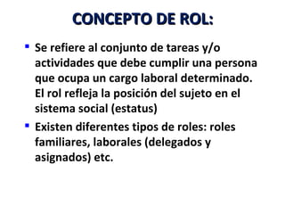 CONCEPTO DE ROL:
 Se refiere al conjunto de tareas y/o
  actividades que debe cumplir una persona
  que ocupa un cargo laboral determinado.
  El rol refleja la posición del sujeto en el
  sistema social (estatus)
 Existen diferentes tipos de roles: roles
  familiares, laborales (delegados y
  asignados) etc.
 