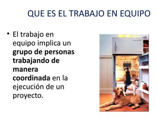 QUE ES EL TRABAJO EN EQUIPO

• El trabajo en
  equipo implica un
  grupo de personas
  trabajando de
  manera
  coordinada en la
  ejecución de un
  proyecto.
 