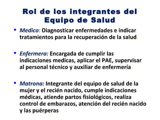 Rol de los integrantes del
        Equipo de Salud
 Medico: Diagnosticar enfermedades e indicar
  tratamientos para la recuperación de la salud.

 Enfermera: Encargada de cumplir las
  indicaciones medicas, aplicar el PAE, supervisar
  al personal técnico y auxiliar de enfermería.

 Matrona: Integrante del equipo de salud de la
  mujer y el recién nacido, cumple indicaciones
  médicas, atiende partos fisiológicos, realiza
  control de embarazos, atención del recién nacido
  y las puérperas.
 
