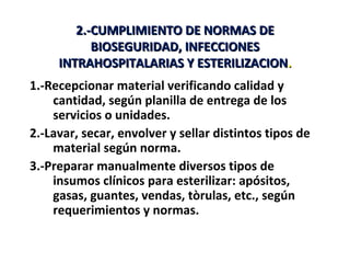 2.-CUMPLIMIENTO DE NORMAS DE
           BIOSEGURIDAD, INFECCIONES
     INTRAHOSPITALARIAS Y ESTERILIZACION.
1.-Recepcionar material verificando calidad y
    cantidad, según planilla de entrega de los
    servicios o unidades.
2.-Lavar, secar, envolver y sellar distintos tipos de
    material según norma.
3.-Preparar manualmente diversos tipos de
    insumos clínicos para esterilizar: apósitos,
    gasas, guantes, vendas, tòrulas, etc., según
    requerimientos y normas.
 
