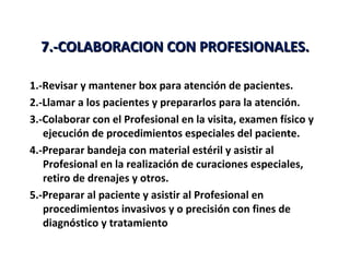 7.-COLABORACION CON PROFESIONALES.

1.-Revisar y mantener box para atención de pacientes.
2.-Llamar a los pacientes y prepararlos para la atención.
3.-Colaborar con el Profesional en la visita, examen físico y
   ejecución de procedimientos especiales del paciente.
4.-Preparar bandeja con material estéril y asistir al
   Profesional en la realización de curaciones especiales,
   retiro de drenajes y otros.
5.-Preparar al paciente y asistir al Profesional en
   procedimientos invasivos y o precisión con fines de
   diagnóstico y tratamiento
 