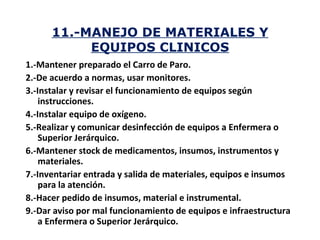 11.-MANEJO DE MATERIALES Y
           EQUIPOS CLINICOS
1.-Mantener preparado el Carro de Paro.
2.-De acuerdo a normas, usar monitores.
3.-Instalar y revisar el funcionamiento de equipos según
    instrucciones.
4.-Instalar equipo de oxígeno.
5.-Realizar y comunicar desinfección de equipos a Enfermera o
    Superior Jerárquico.
6.-Mantener stock de medicamentos, insumos, instrumentos y
    materiales.
7.-Inventariar entrada y salida de materiales, equipos e insumos
    para la atención.
8.-Hacer pedido de insumos, material e instrumental.
9.-Dar aviso por mal funcionamiento de equipos e infraestructura
    a Enfermera o Superior Jerárquico.
 
