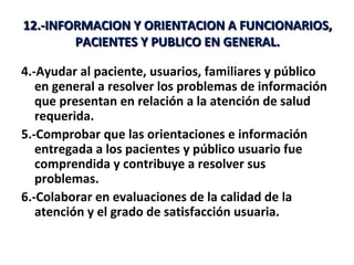 12.-INFORMACION Y ORIENTACION A FUNCIONARIOS,
        PACIENTES Y PUBLICO EN GENERAL.

4.-Ayudar al paciente, usuarios, familiares y público
   en general a resolver los problemas de información
   que presentan en relación a la atención de salud
   requerida.
5.-Comprobar que las orientaciones e información
   entregada a los pacientes y público usuario fue
   comprendida y contribuye a resolver sus
   problemas.
6.-Colaborar en evaluaciones de la calidad de la
   atención y el grado de satisfacción usuaria.
 