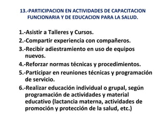 13.-PARTICIPACION EN ACTIVIDADES DE CAPACITACION
   FUNCIONARIA Y DE EDUCACION PARA LA SALUD.

1.-Asistir a Talleres y Cursos.
2.-Compartir experiencia con compañeros.
3.-Recibir adiestramiento en uso de equipos
   nuevos.
4.-Reforzar normas técnicas y procedimientos.
5.-Participar en reuniones técnicas y programación
   de servicio.
6.-Realizar educación individual o grupal, según
   programación de actividades y material
   educativo (lactancia materna, actividades de
   promoción y protección de la salud, etc.)
 