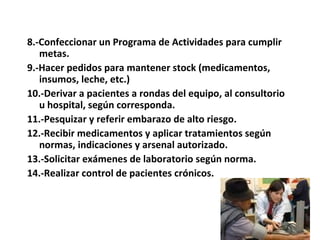 8.-Confeccionar un Programa de Actividades para cumplir
   metas.
9.-Hacer pedidos para mantener stock (medicamentos,
   insumos, leche, etc.)
10.-Derivar a pacientes a rondas del equipo, al consultorio
   u hospital, según corresponda.
11.-Pesquizar y referir embarazo de alto riesgo.
12.-Recibir medicamentos y aplicar tratamientos según
   normas, indicaciones y arsenal autorizado.
13.-Solicitar exámenes de laboratorio según norma.
14.-Realizar control de pacientes crónicos.
 