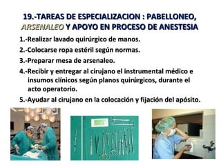 19.-TAREAS DE ESPECIALIZACION : PABELLONEO,
ARSENALEO Y APOYO EN PROCESO DE ANESTESIA
1.-Realizar lavado quirúrgico de manos.
2.-Colocarse ropa estéril según normas.
3.-Preparar mesa de arsenaleo.
4.-Recibir y entregar al cirujano el instrumental médico e
   insumos clínicos según planos quirúrgicos, durante el
   acto operatorio.
5.-Ayudar al cirujano en la colocación y fijación del apósito.
 