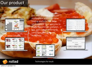 Our ?product

         Create dynamic ads
                              Our ?main ?product ?is ?a ?private ?
                                                                       Control
                              marketplace ?with ?a ?real-?\time ?
                              trading ?platform ?that ?helps ?
                              advertisers ?or ?their ?agencies ?to ?
                              create ?dynamic ?ads ?and ?plan, ?
                              buy, ?and ?control ?advertising ?
                              campaigns ?with ?premium ?
          Choose publishers   publishers.                               Buy



                                             Plan




            rollad                Technologies ?for ?result

ҧҧ, 8 է֧ܧѧҧ 12?.
 