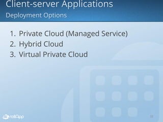 1. Private Cloud (Managed Service)
2. Hybrid Cloud
3. Virtual Private Cloud
22
 
