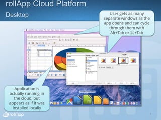 7
Application is
actually running in
the cloud, but
appears as if it was
installed locally
User gets as many
separate windows as the
app opens and can cycle
through them with
Alt+Tab or ⌘+Tab
User gets as many
separate windows as the
app opens and can cycle
through them with
Alt+Tab or ⌘+Tab
 