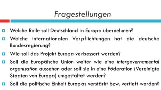 Fragestellungen
¤  Welche Rolle soll Deutschland in Europa übernehmen?
¤  Welche internationalen Verpflichtungen hat die deutsche
Bundesregierung?
¤  Wie soll das Projekt Europa verbessert werden?
¤  Soll die Europäische Union weiter wie eine intergovernamental
organisation aussehen oder soll sie in eine Föderation (Vereinigte
Staaten von Europa) umgestaltet werden?
¤  Soll die politische Einheit Europas verstärkt bzw. vertieft werden?
 