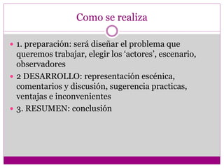 Como se realiza
 1. preparación: será diseñar el problema que
queremos trabajar, elegir los ‘actores’, escenario,
observadores
 2 DESARROLLO: representación escénica,
comentarios y discusión, sugerencia practicas,
ventajas e inconvenientes
 3. RESUMEN: conclusión
 