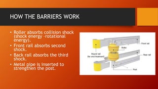 HOW THE BARRIERS WORK
• Roller absorbs collision shock
(shock energy –rotational
energy).
• Front rail absorbs second
shock.
• Back rail absorbs the third
shock.
• Metal pipe is inserted to
strengthen the post.
 
