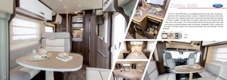 The 2017 Zefiro 696 offers a comfortable island bed to the rear, mid ship en-
suite area with separate shower cubicle, L shaped kitchen area which also
backs up to an L shaped dinette with 2 inertia reel seat belts allowing 5 people
to travel in safety. The 696 offers an electric drop down bed behind the cab
area, above the lounge. This full size double bed electrically operates with ease
and houses a double mattress made of polyester “breathable” fabric, quilted top
and sides. 130 bhp manual Ford Transit as standard with cost optional 170 bhp
available.
14 15
Zefiro 696
5
5
UK_Zeﬁro_696
2310
7450
 
