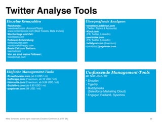 Twitter Analyse Tools!
Einzelne Kennzahlen                                                 Übergreifende Analysen
• Reichweite:                                                       • tweetlevel.edelman.com 
 tweetreach.com (Account/Topic)                                      (Twitter: Topics & Accounts)"
 www.contentscorer.com (Best Tweets, Beta Invites)"                 • Klout.com  
• Wochentage und Zeit:                                               (FB, Twitter, LinkedIn)"
 tweetstats.com "                                                   • peerindex.com  
• Follower-Entwicklung:                                              (FB, Twitter, LinkedIn)"
 twittercounter.com                                                 • twitalyzer.com (freemium)"
 monitor.wildﬁreapp.com"                                            • (minilytics.)pagelever.com !
• Beste Zeit zum Twittern:  
 tweriod.com"
• Von wo sind meine Follower: 
 tweepsmap.com"




Einfache Management-Tools                                           Umfassende Management-Tools
• Crowdbooster.com (ab 9 USD / mt)"                                 ab 500 USD / mt"
• bufferapp.com (Freemium, ab 10 USD / mt)"
• Hootsuite.com (Freemium, ab 9.99 USD / mt)"
                                                                    •  Shoutlet"
• Socialbro.com (ab 6.95 USD / mt)"                                 •  Tigerlily"
• pagelever.com (99 USD / mt)"                                      •  Buddymedia  
                                                                       (Salesforce Marketing Cloud)"
                                                                    •  Engagor, Radian6, Sysomos"




Mike Schwede, some rights reserved (Creative Commons 3.0 BY SA) "                                      36"
 
