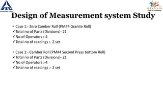 Design of Measurement system Study
• Case 1:- Zero Camber Roll (PM#4 Granite Roll)
Total no of Parts (Divisions)- 21
No of Operators :-4
Total no of readings :- 2 set
• Case 1:- Camber Roll (PM#4 Second Press bottom Roll)
Total no of Parts (Divisions)- 21
No of Operators :-4
Total no of readings :- 2 set
 