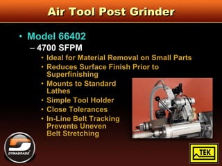 Air Tool Post Grinder Model 66402 4700 SFPM Ideal for Material Removal on Small Parts Reduces Surface Finish Prior to Superfinishing Mounts to Standard  Lathes Simple Tool Holder  Close Tolerances In-Line Belt Tracking  Prevents Uneven  Belt Stretching 