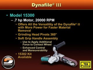 Dynafile ®   III Model 15300 .7 hp Motor, 20000 RPM Offers All the Versatility of the Dynafile ®   II   with More Power for Faster Material Removal Grinding Head Pivots 360° Soft Grip Handle Assembly Use to Apply Additional  Force to Contact Wheel Enhanced Control  and Maneuverability 15302 Kit Available 