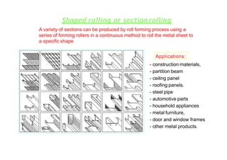 Shaped rolling or sectionrolling
A variety of sections can be produced by roll forming process using a
series of forming rollers in a continuous method to roll the metal sheet to
a specific shape
- construction materials,
- partition beam
- ceiling panel
- roofing panels.
- steel pipe
- automotive parts
- household appliances
- metal furniture,
- door and window frames
- other metal products.
Applications:
 
