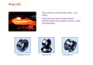 Cantilever mill roll Tube mill roll Universal roll
Ring rolls
•Ring rolls are used for tube rolling, ring
rolling.
•Ring rolls are made of spheroidized
graphite bainitic and pearlitic matrix or alloy
cast steel base.
 