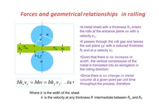 Forces and geometrical relationships in rolling
hfho
vo vf
Lp
R
o
o

x
x
y
y
•A metal sheet with a thickness ho enters
the rolls at the entrance plane xx with a
velocity vo.
•It passes through the roll gap and leaves
the exit plane yy with a reduced thickness
hf and at a velocity vf.
•Given that there is no increase in
width, the vertical compression of the
metal is translated into an elongation in
the rolling direction.
•Since there is no change in metal
volume at a given point per unit time
throughout the process, thereforebhovo  bhv  bhf vf
…Eq.1
Where b is the width of the sheet
v is the velocity at any thickness h intermediate between ho and hf.
 