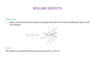 ROLLING DEFECTS
Alligatoring:
• rupture of material along the length into an upper half and a lower half resembling the open mouth
of an alligator.
Folds:
This defect is encountered when the reduction per pass is very low.
 