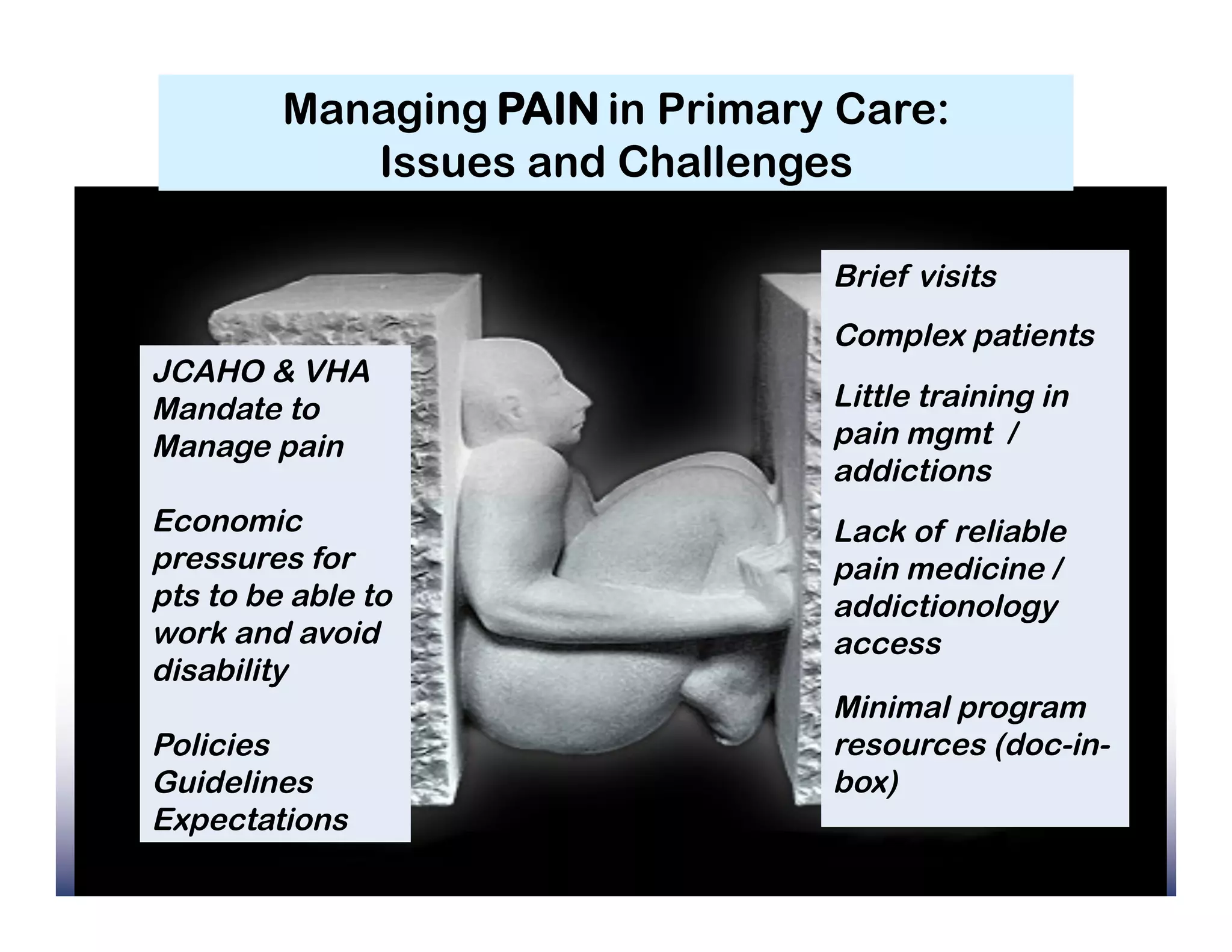 Managing PAIN in Primary Care:
            Issues and Challenges

                                 Brief visits
                                 Complex patients
JCAHO & VHA
Mandate to                       Little training in
Manage pain                      pain mgmt /
                                 addictions
Economic                         Lack of reliable
pressures for                    pain medicine /
pts to be able to                addictionology
work and avoid                   access
disability
                                 Minimal program
Policies                         resources (doc-in-
Guidelines                       box)
Expectations
 