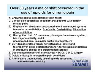 Over 30 years a major shift occurred in the
       use of opioids for chronic pain
1) Growing societal expectation of pain relief:
2) Cancer pain specialists document that patients with cancer-
    related pain:
3)  Emphasis on short-term cost-containment in managed systems
    to maximize profitability: Brief visits; Cost-shifting; Elimination
    of rehabilitation
4)  Recognition that: CP is common, damages the nervous system,
    has major morbidity, and if
    uncontrolled pain, is a major public health problem
5) COT demonstrates efficacy / effectiveness, safety and
    tolerability in cross-sectional and short-term studies of patients
    in structured clinical and experimental settings
6) Documented dangers of alternatives: NSAIDs, Cox 2, surgery
7) Opioid efficacy in neuropathic pain conditions
8) After severe trauma, early use of opioids associated
        with reduced chronicity
 