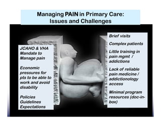 Managing PAIN in Primary Care:
            Issues and Challenges

                                 Brief visits
                                 Complex patients
JCAHO & VHA
Mandate to                       Little training in
Manage pain                      pain mgmt /
                                 addictions
Economic                         Lack of reliable
pressures for                    pain medicine /
pts to be able to                addictionology
work and avoid                   access
disability
                                 Minimal program
Policies                         resources (doc-in-
Guidelines                       box)
Expectations
 