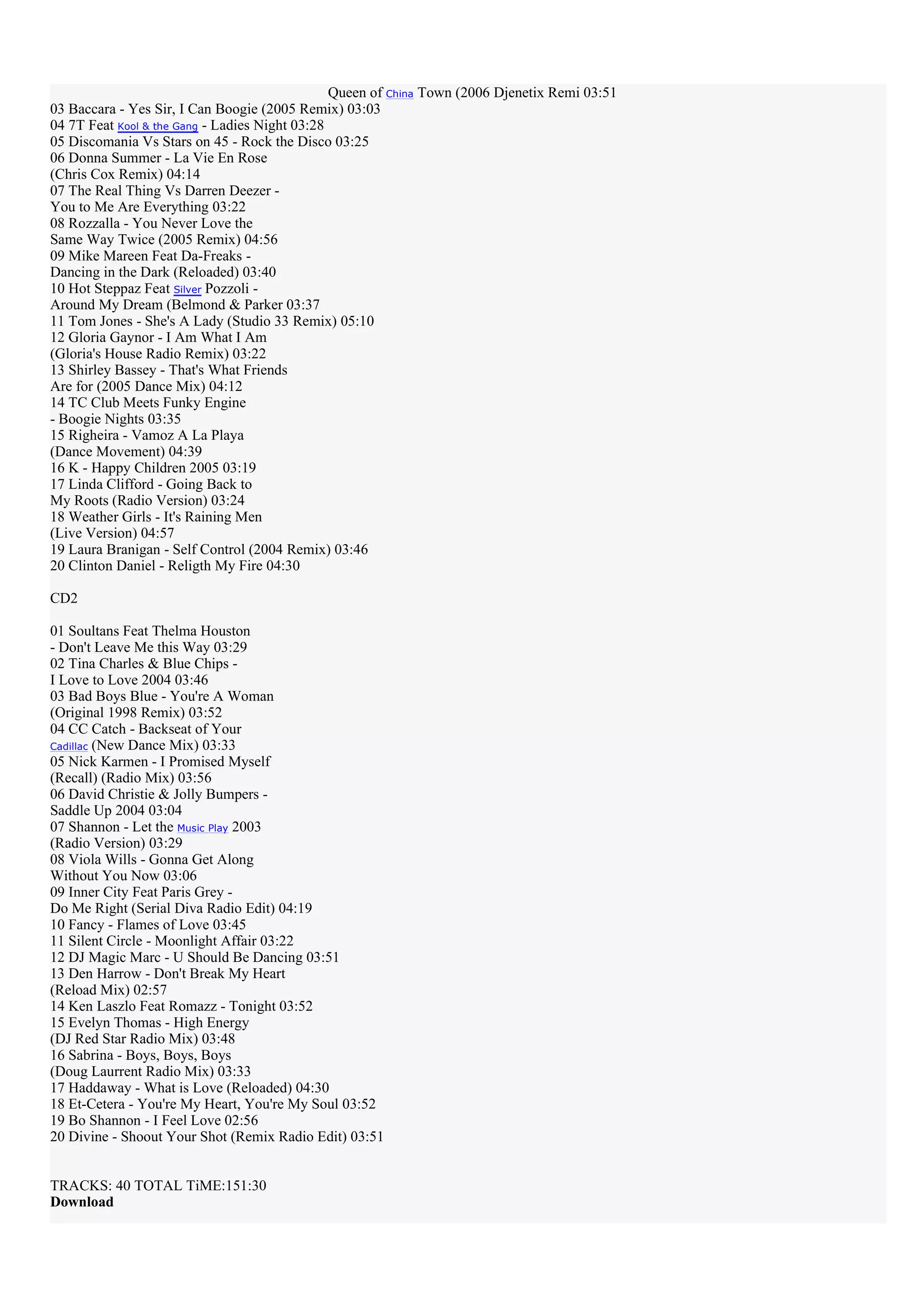 Queen of China Town (2006 Djenetix Remi 03:51
03 Baccara - Yes Sir, I Can Boogie (2005 Remix) 03:03
04 7T Feat Kool & the Gang - Ladies Night 03:28
05 Discomania Vs Stars on 45 - Rock the Disco 03:25
06 Donna Summer - La Vie En Rose
(Chris Cox Remix) 04:14
07 The Real Thing Vs Darren Deezer -
You to Me Are Everything 03:22
08 Rozzalla - You Never Love the
Same Way Twice (2005 Remix) 04:56
09 Mike Mareen Feat Da-Freaks -
Dancing in the Dark (Reloaded) 03:40
10 Hot Steppaz Feat Silver Pozzoli -
Around My Dream (Belmond & Parker 03:37
11 Tom Jones - She's A Lady (Studio 33 Remix) 05:10
12 Gloria Gaynor - I Am What I Am
(Gloria's House Radio Remix) 03:22
13 Shirley Bassey - That's What Friends
Are for (2005 Dance Mix) 04:12
14 TC Club Meets Funky Engine
- Boogie Nights 03:35
15 Righeira - Vamoz A La Playa
(Dance Movement) 04:39
16 K - Happy Children 2005 03:19
17 Linda Clifford - Going Back to
My Roots (Radio Version) 03:24
18 Weather Girls - It's Raining Men
(Live Version) 04:57
19 Laura Branigan - Self Control (2004 Remix) 03:46
20 Clinton Daniel - Religth My Fire 04:30

CD2

01 Soultans Feat Thelma Houston
- Don't Leave Me this Way 03:29
02 Tina Charles & Blue Chips -
I Love to Love 2004 03:46
03 Bad Boys Blue - You're A Woman
(Original 1998 Remix) 03:52
04 CC Catch - Backseat of Your
Cadillac (New Dance Mix) 03:33
05 Nick Karmen - I Promised Myself
(Recall) (Radio Mix) 03:56
06 David Christie & Jolly Bumpers -
Saddle Up 2004 03:04
07 Shannon - Let the Music Play 2003
(Radio Version) 03:29
08 Viola Wills - Gonna Get Along
Without You Now 03:06
09 Inner City Feat Paris Grey -
Do Me Right (Serial Diva Radio Edit) 04:19
10 Fancy - Flames of Love 03:45
11 Silent Circle - Moonlight Affair 03:22
12 DJ Magic Marc - U Should Be Dancing 03:51
13 Den Harrow - Don't Break My Heart
(Reload Mix) 02:57
14 Ken Laszlo Feat Romazz - Tonight 03:52
15 Evelyn Thomas - High Energy
(DJ Red Star Radio Mix) 03:48
16 Sabrina - Boys, Boys, Boys
(Doug Laurrent Radio Mix) 03:33
17 Haddaway - What is Love (Reloaded) 04:30
18 Et-Cetera - You're My Heart, You're My Soul 03:52
19 Bo Shannon - I Feel Love 02:56
20 Divine - Shoout Your Shot (Remix Radio Edit) 03:51


TRACKS: 40 TOTAL TiME:151:30
Download
 