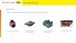 Applications
• TRB is a versatile bearing capable of taking both radial and axial load efficiently
Taper Roller Bearing
• Automotive hub assembly • Industrial gearbox
• Small gearbox
• Differential gearbox
• Transmission box
• Railway wagon wheels
 