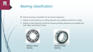 Bearing classification
 Mainly bearing is classified into two broad categories :-
1. Sliding contact bearing (no rolling elements are available and friction is high)
2. Rolling contact bearing/ Antifriction bearing (Rolling elements are available like
ball, rollers and friction is less)
Rolling contact
bearing
Sliding contact
bearing
 