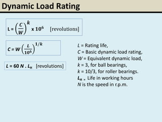 Dynamic Load Rating
L = Rating life,
C = Basic dynamic load rating,
W = Equivalent dynamic load,
k = 3, for ball bearings,
k = 10/3, for roller bearings.
LH = Life in working hours
N is the speed in r.p.m.
L = 60 N . LH [revolutions]
 