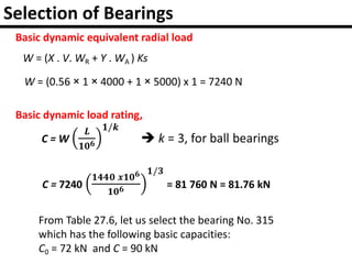 Selection of Bearings
Basic dynamic equivalent radial load
W = (X . V. WR + Y . WA ) Ks
W = (0.56 × 1 × 4000 + 1 × 5000) x 1 = 7240 N
Basic dynamic load rating,
From Table 27.6, let us select the bearing No. 315
which has the following basic capacities:
C0 = 72 kN and C = 90 kN
 