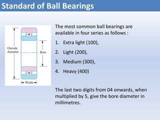 Standard of Ball Bearings
The most common ball bearings are
available in four series as follows :
1. Extra light (100),
2. Light (200),
3. Medium (300),
4. Heavy (400)
The last two digits from 04 onwards, when
multiplied by 5, give the bore diameter in
millimetres.
 
