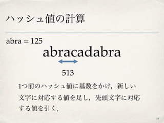 ハッシュ値の計算
18
abracadabra
513
1つ前のハッシュ値に基数をかけ，新しい 
文字に対応する値を足し，先頭文字に対応 
する値を引く．
abra = 125
 