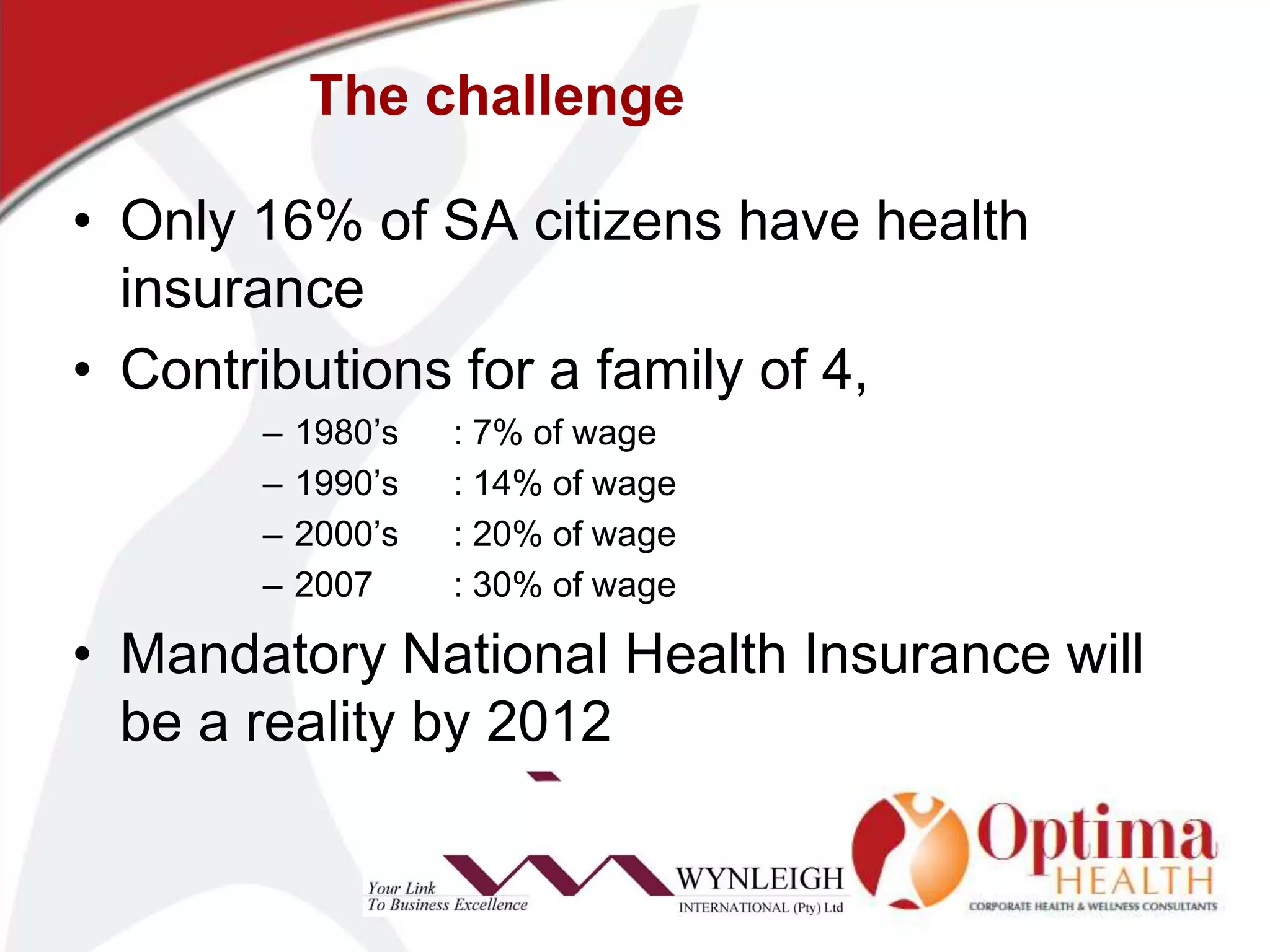 The challengeOnly 16% of SA citizens have health insuranceContributions for a family of 4,	1980’s	: 7% of wage1990’s	: 14% of wage2000’s	: 20% of wage2007	: 30% of wageMandatory National Health Insurance will be a reality by 2012