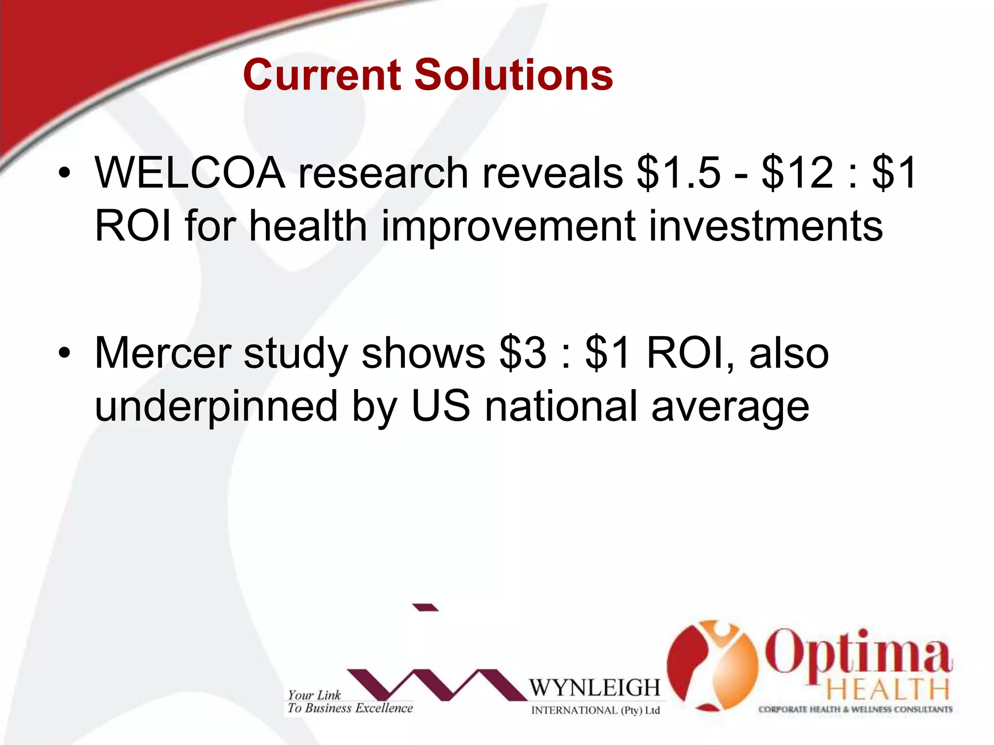 Current SolutionsWELCOA research reveals $1.5 - $12 : $1 ROI for health improvement investmentsMercer study shows $3 : $1 ROI, also underpinned by US national average