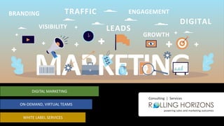 WHITE LABEL SERVICES
LEADS
TRAFFIC ENGAGEMENT
VISIBILITY
DIGITAL
BRANDING
GROWTH
DIGITAL MARKETING
ON-DEMAND, VIRTUAL TEAMS
powering sales and marketing outcomes
Consulting | Services
 