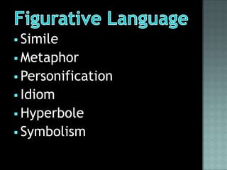  Simile
 Metaphor
 Personification
 Idiom
 Hyperbole
 Symbolism
 