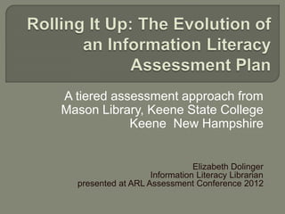 A tiered assessment approach from
Mason Library, Keene State College
Keene New Hampshire
Elizabeth Dolinger
Information Literacy Librarian
presented at ARL Assessment Conference 2012
 