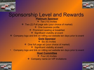 Sponsorship Level and Rewards Platinum Sponsor Ten (10) Invites Two (2) Full page ads (your choice of market) One business profile Prominent seating at breakfast Significant visibility at event Company logo and link on rolling out website ten days prior to event Gold Sponsor Six (6) Invites One full page ad (your choice of market) Significant visibility at event Company logo and link on rolling out website ten days prior to event Host Committee Four (4) Invites Company name on VIP Invitations 