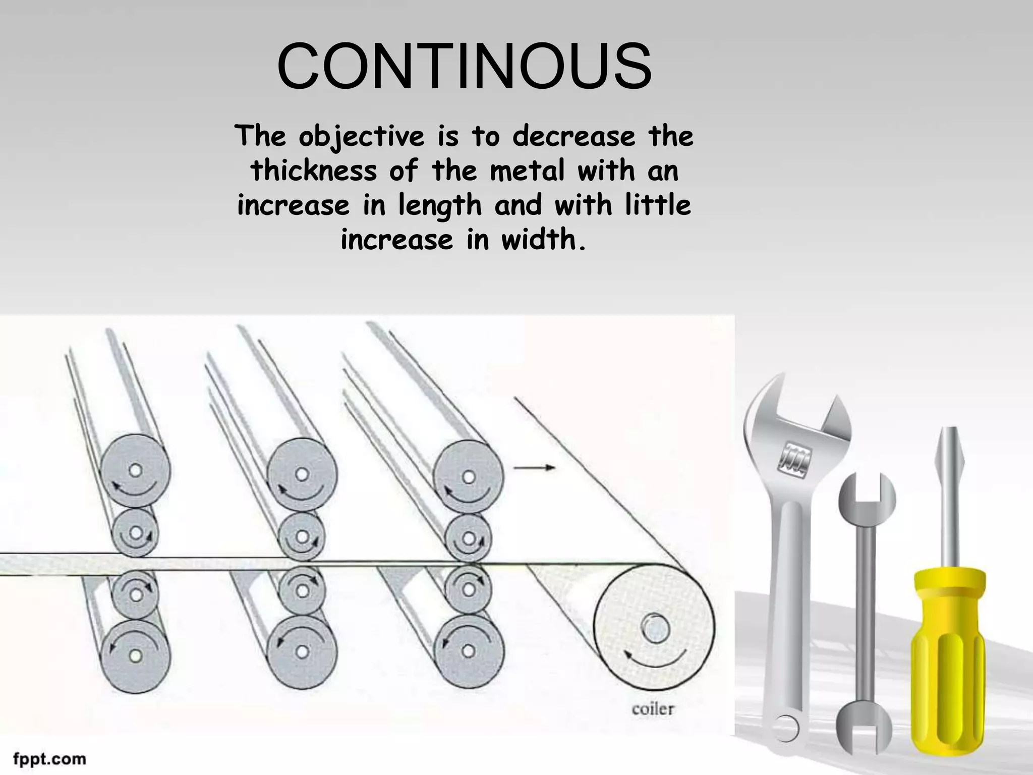 CONTINOUS
The objective is to decrease the
thickness of the metal with an
increase in length and with little
increase in width.
 