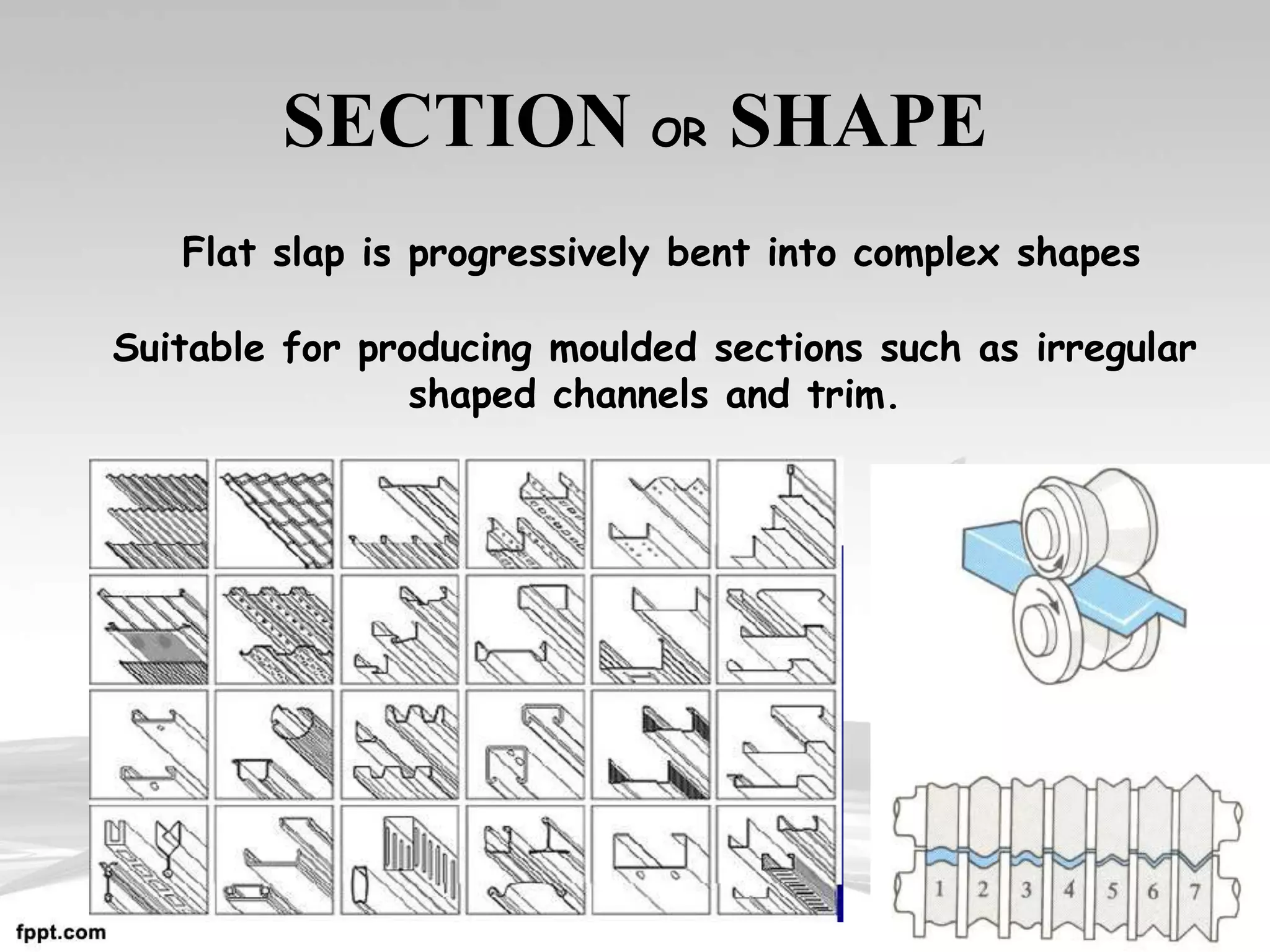 SECTION OR SHAPE
Flat slap is progressively bent into complex shapes
Suitable for producing moulded sections such as irregular
shaped channels and trim.
 