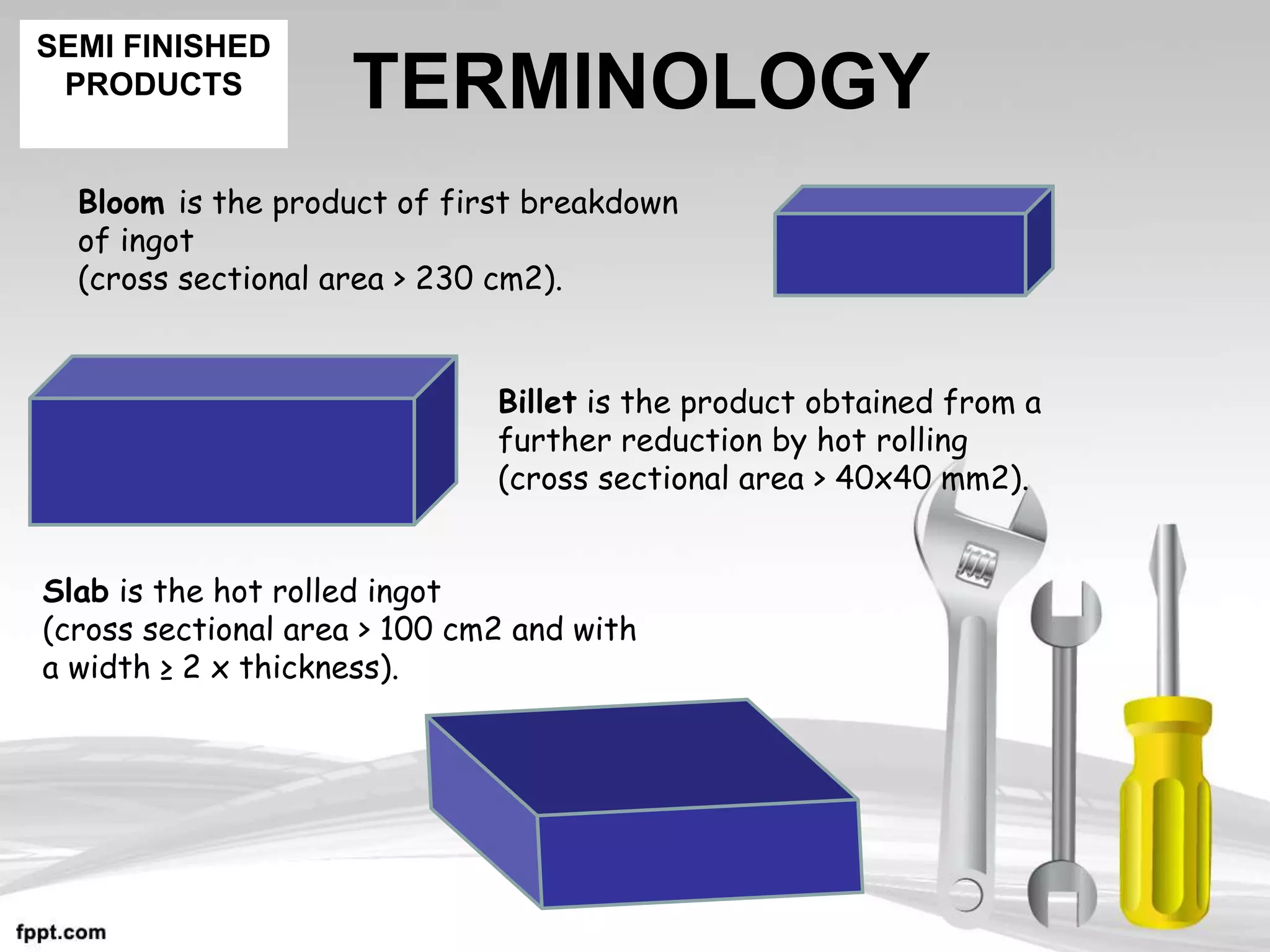 TERMINOLOGY
Billet is the product obtained from a
further reduction by hot rolling
(cross sectional area > 40x40 mm2).
Bloom is the product of first breakdown
of ingot
(cross sectional area > 230 cm2).
Slab is the hot rolled ingot
(cross sectional area > 100 cm2 and with
a width ≥ 2 x thickness).
SEMI FINISHED
PRODUCTS
 