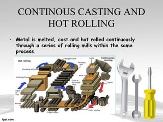 CONTINOUS CASTING AND
HOT ROLLING
• Metal is melted, cast and hot rolled continuously
through a series of rolling mills within the same
process.
 