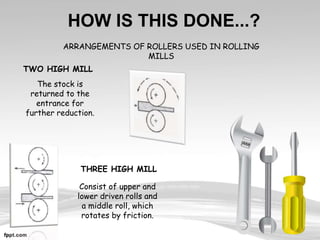 HOW IS THIS DONE...?
ARRANGEMENTS OF ROLLERS USED IN ROLLING
MILLS
TWO HIGH MILL
THREE HIGH MILL
The stock is
returned to the
entrance for
further reduction.
Consist of upper and
lower driven rolls and
a middle roll, which
rotates by friction.
 